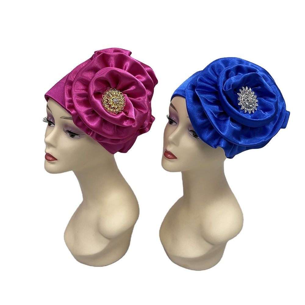 MH-1126 Wholesale flower stones design women head wrap african sego headtie nigerian gele ready auto turban hat