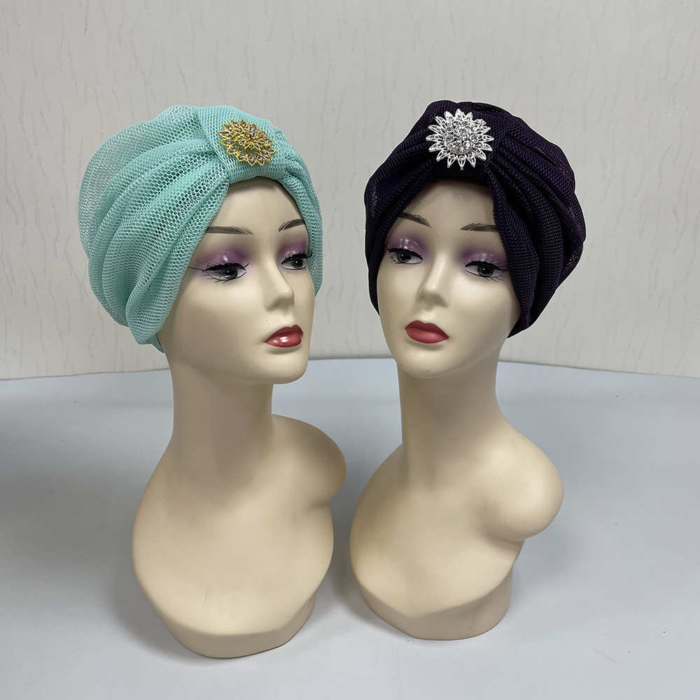 new turban style double layer fabric comfort pretty woman hats net mesh turban cap with stones