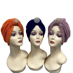 new turban style double layer fabric comfort pretty woman hats net mesh turban cap with stones