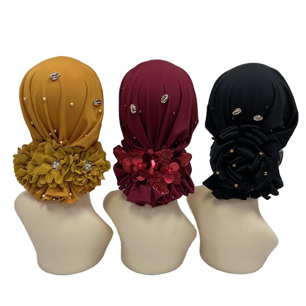 mh-1125 2022 Latest Style Fashion Women Muslim Turban cap big Floral Mixed pattern Bonnet beads Accessories Turban Hat