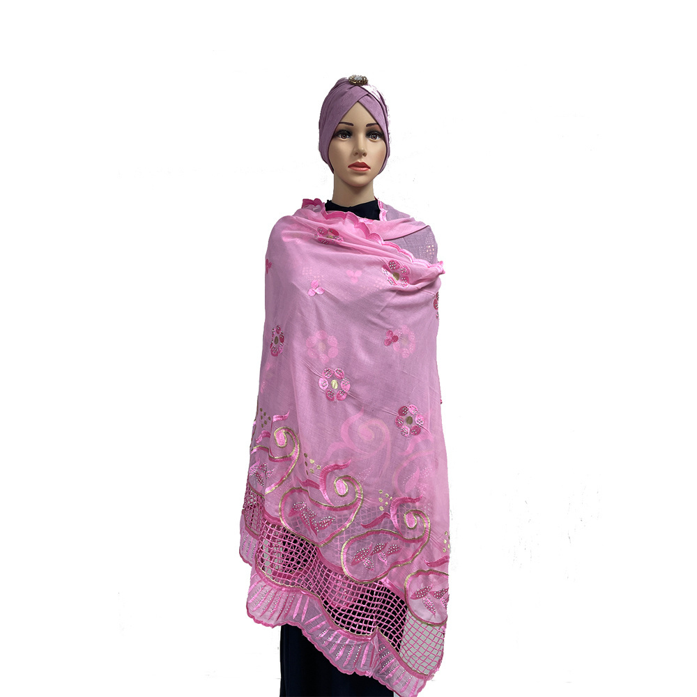 SE-522 Wholesale Scarf Voile in Dubai African Scarfs Sudanese Toub Swiss African Woman Cotton Muslim Embroidery Big Scarf with Stones