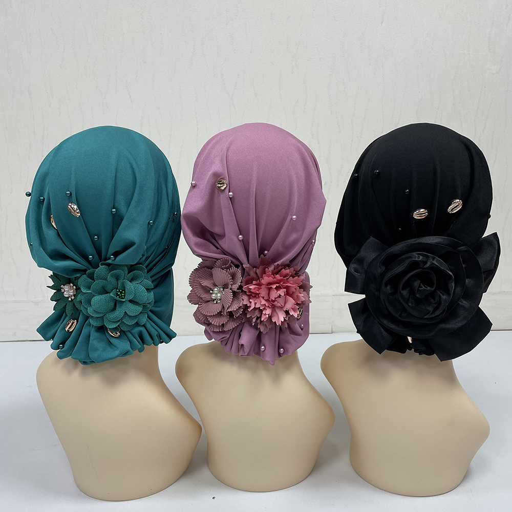 mh-1125 2022 Latest Style Fashion Women Muslim Turban cap big Floral Mixed pattern Bonnet beads Accessories Turban Hat