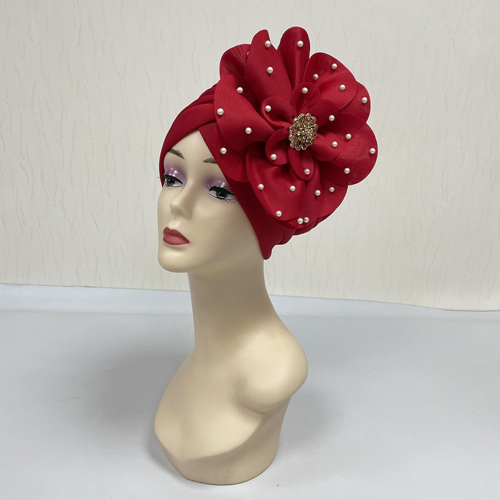 MH-1137 2024 Latest Style Fashion Women Muslim Turban cap big Floral Space cotton Bonnet beads Accessories Turban Hat