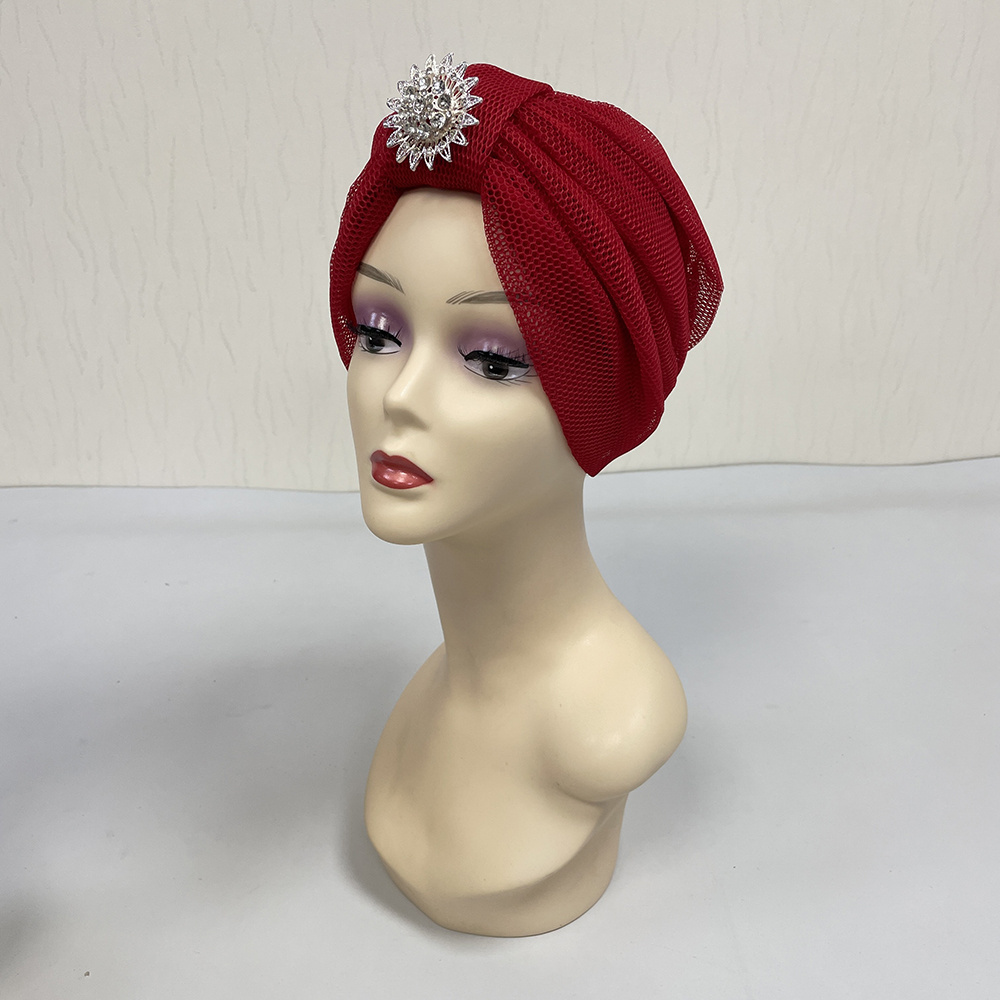 new turban style double layer fabric comfort pretty woman hats net mesh turban cap with stones