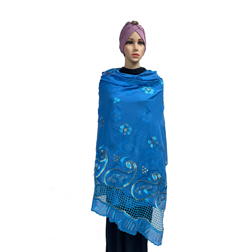 SE-522 Wholesale Scarf Voile in Dubai African Scarfs Sudanese Toub Swiss African Woman Cotton Muslim Embroidery Big Scarf with Stones