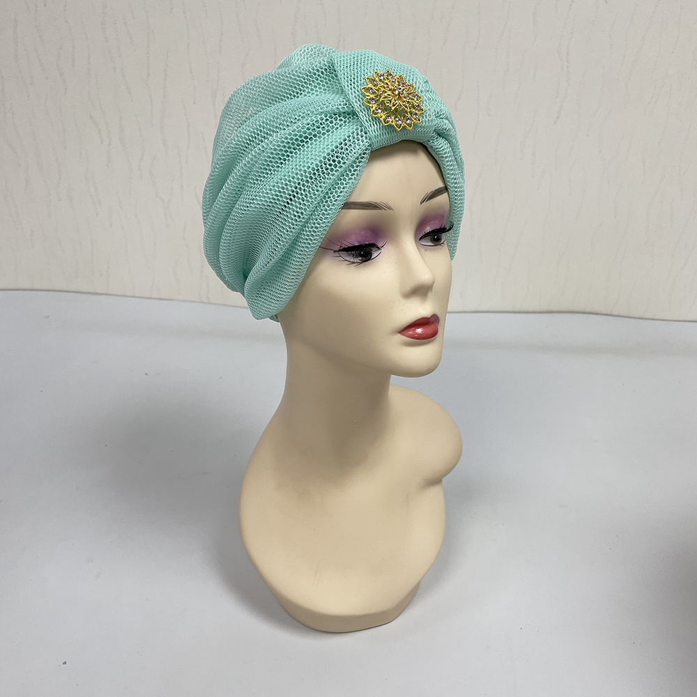 new turban style double layer fabric comfort pretty woman hats net mesh turban cap with stones