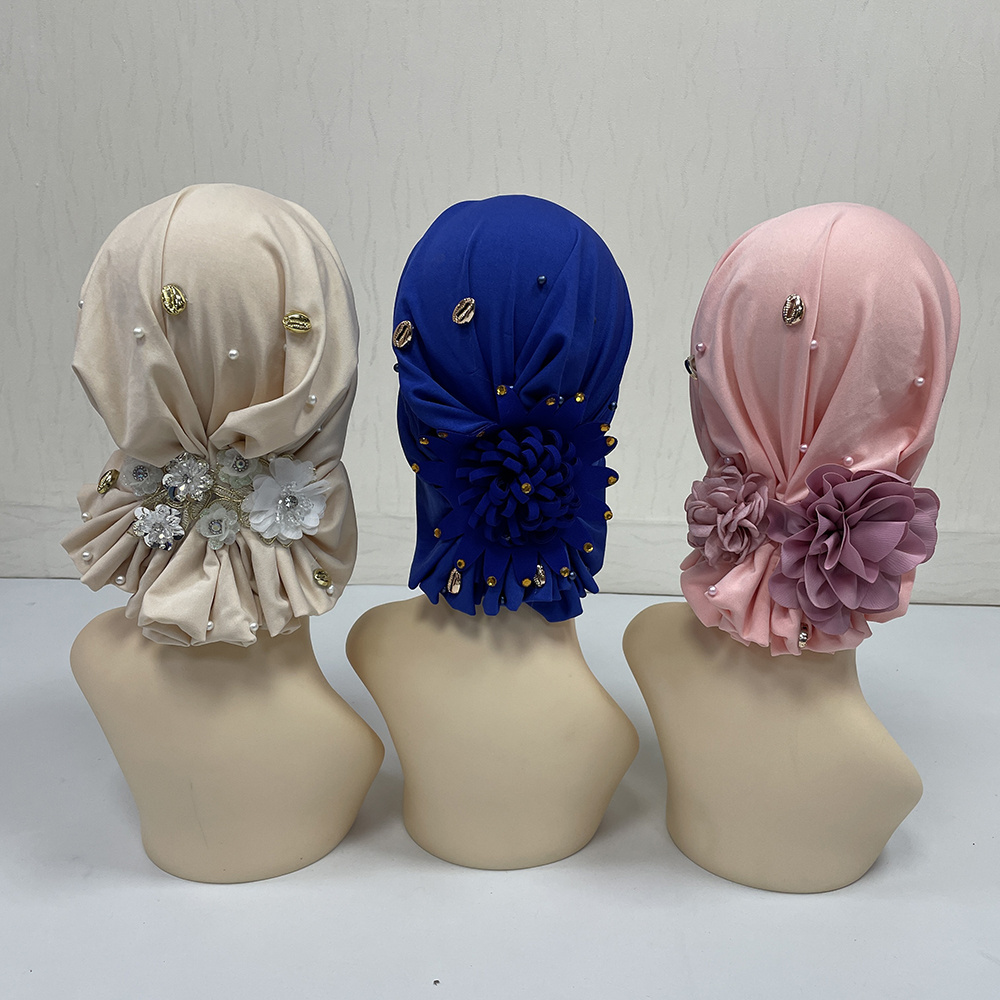 mh-1125 2022 Latest Style Fashion Women Muslim Turban cap big Floral Mixed pattern Bonnet beads Accessories Turban Hat