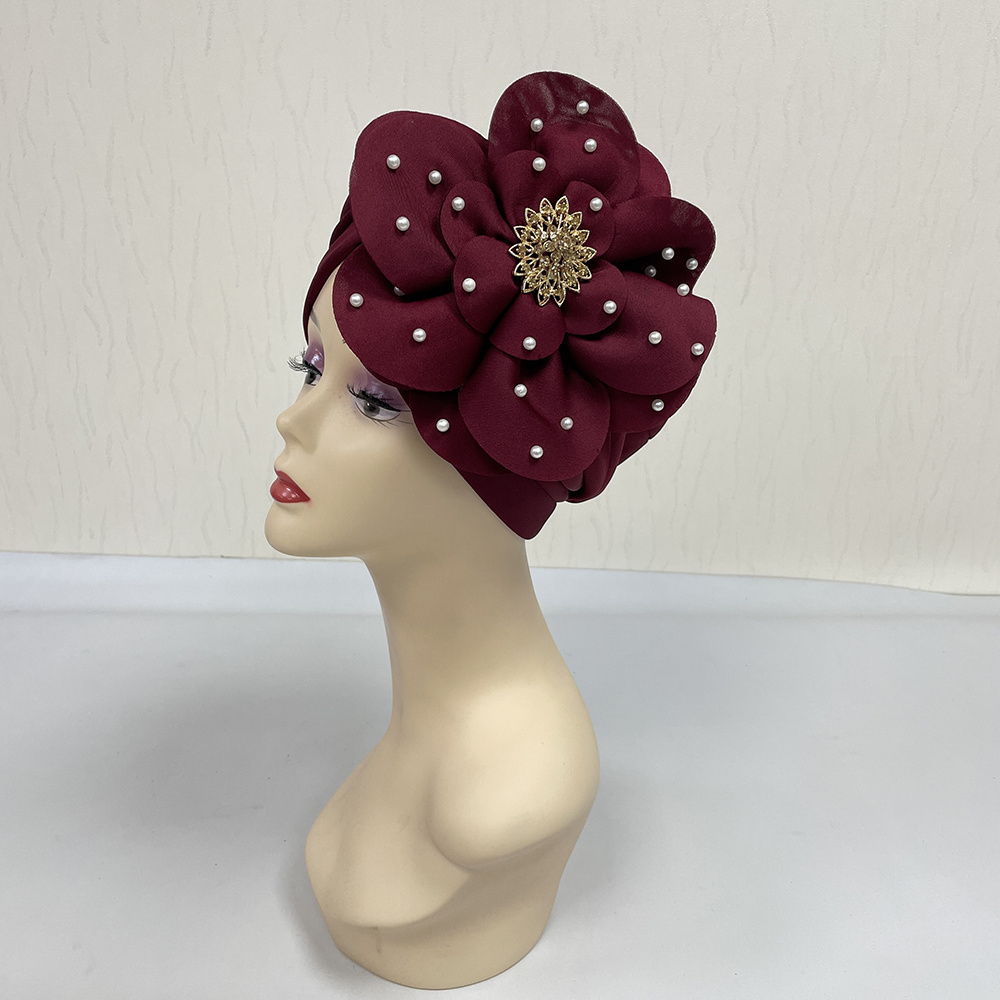 MH-1137 2024 Latest Style Fashion Women Muslim Turban cap big Floral Space cotton Bonnet beads Accessories Turban Hat