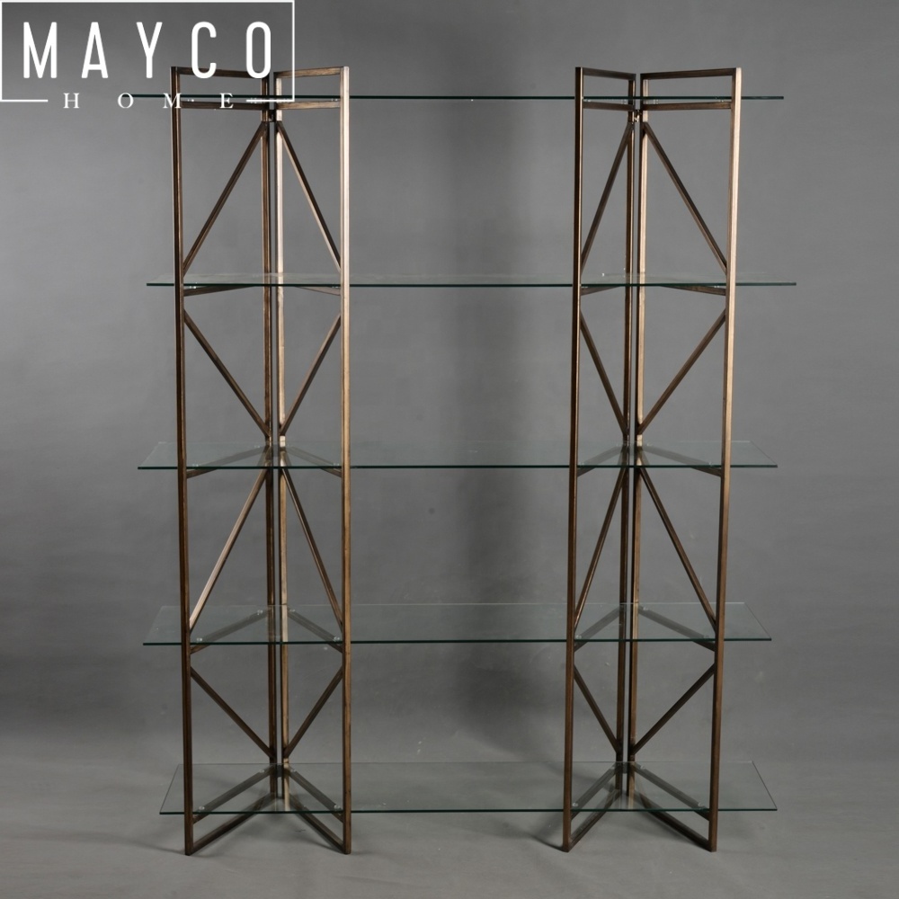 Mayco Home Luxury Corner Triangle Book Shelf Design ,Modern Metal and Glass Display Shelves Pipe Bookshelf