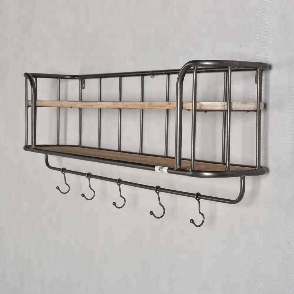 Mayco Home Rustic Floating Wooden Wall Mounted Metal Coat Rack Display Wall Shelf with Hooks