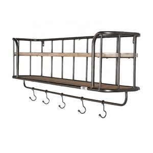 Mayco Home Rustic Floating Wooden Wall Mounted Metal Coat Rack Display Wall Shelf with Hooks