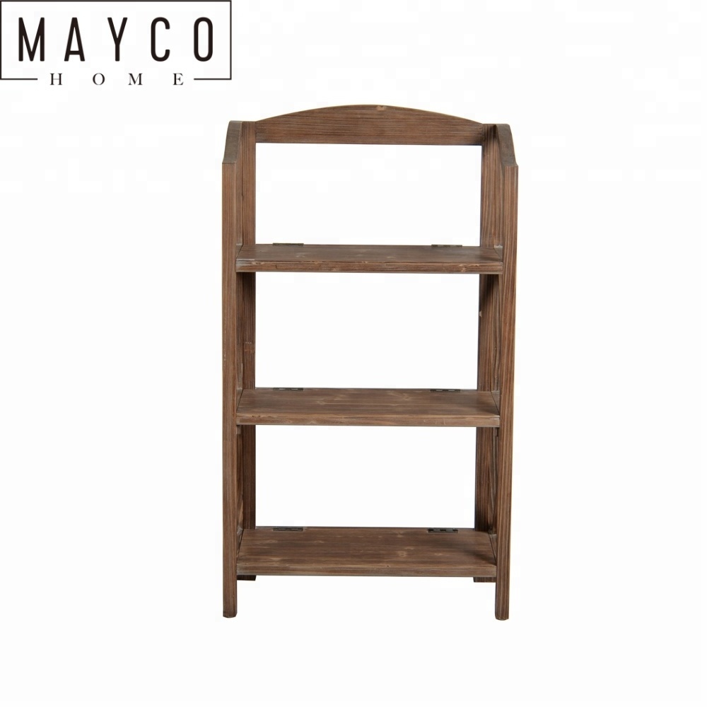 Mayco Home Bookcases Farmhouse 3 Tier Natural Wooden Finish Folding Display Book Shelf