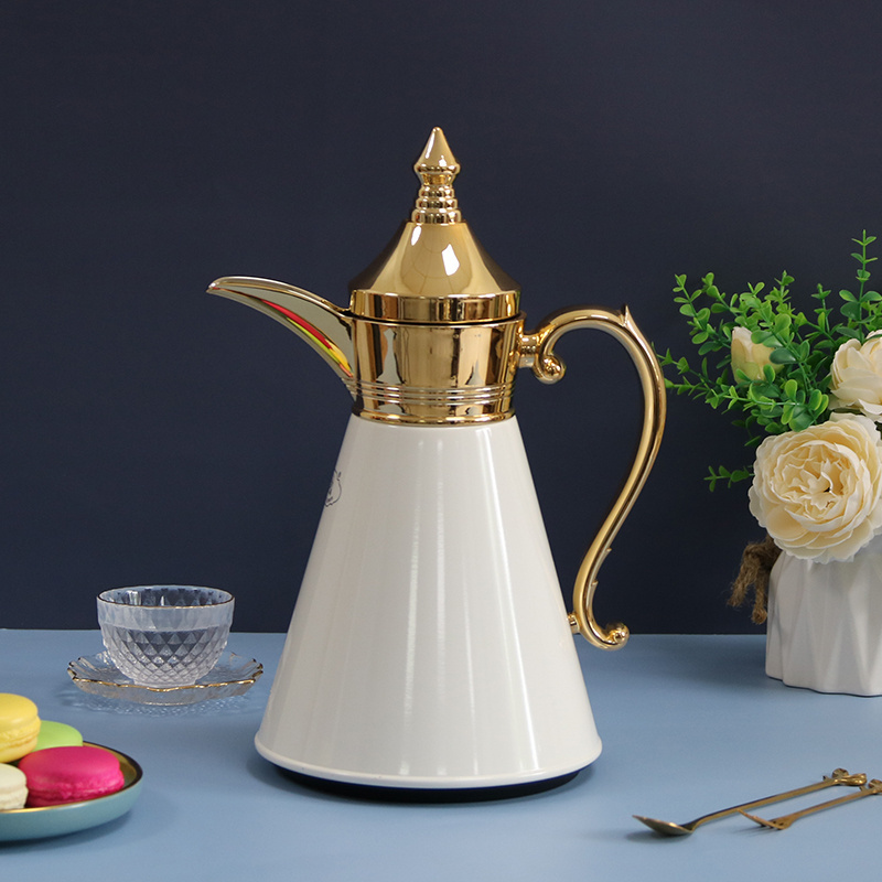 Turkish style 700 ML Dallah Coffee pot White Golden color Glass Insulated Vacuum Coffee Jugs