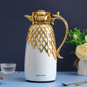 Luxury High quality Golden Hollow Decoration 1.0 White color Coating Metal Body Glass Insulated Vacuum Kettle