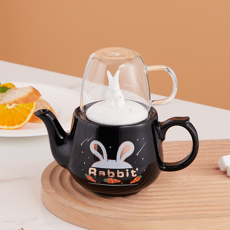 2024 Christmas gift cute rabbit ceramic tea pot with glass cup porcelain teapot