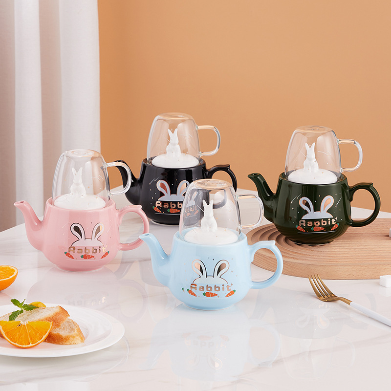 2023 Christmas gift cute rabbit ceramic tea pot with glass cup porcelain tea set