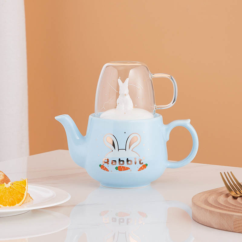 2023 Christmas gift cute rabbit ceramic tea pot with glass cup porcelain tea set