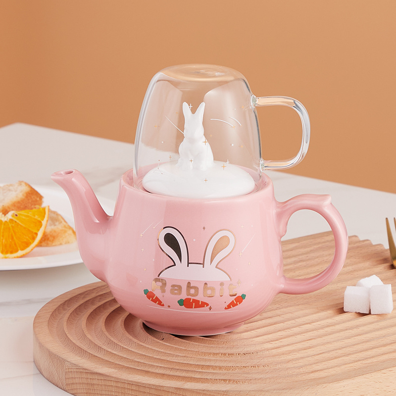 2023 Christmas gift cute rabbit ceramic tea pot with glass cup porcelain tea set