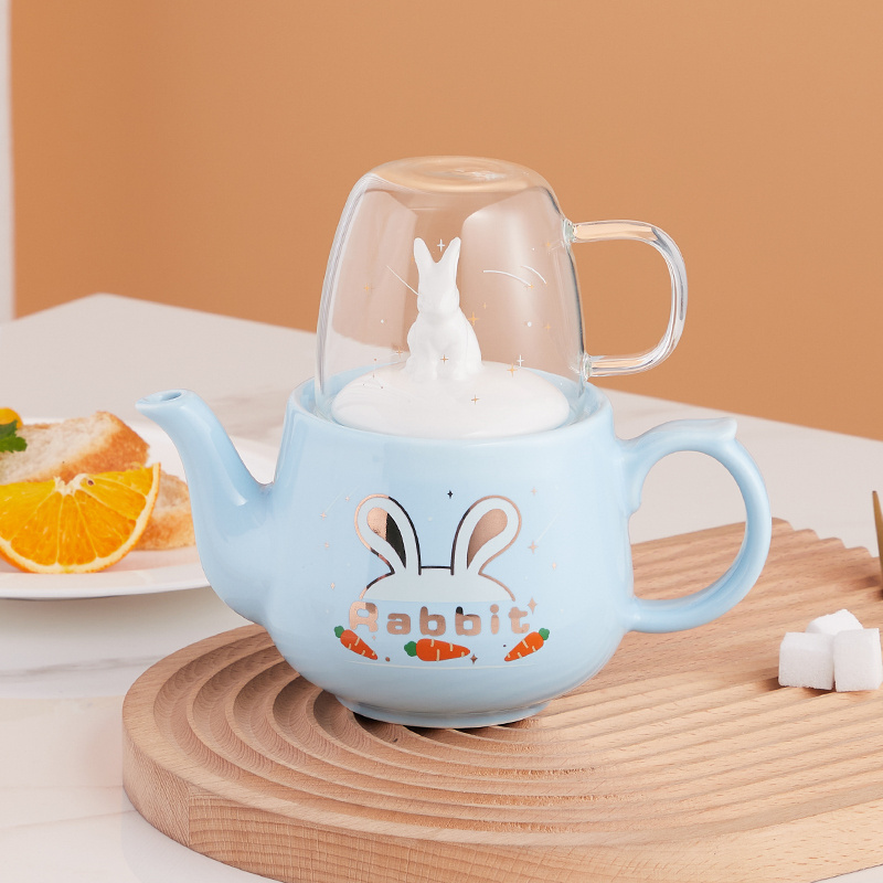 2024 Christmas gift cute rabbit ceramic tea pot with glass cup porcelain teapot