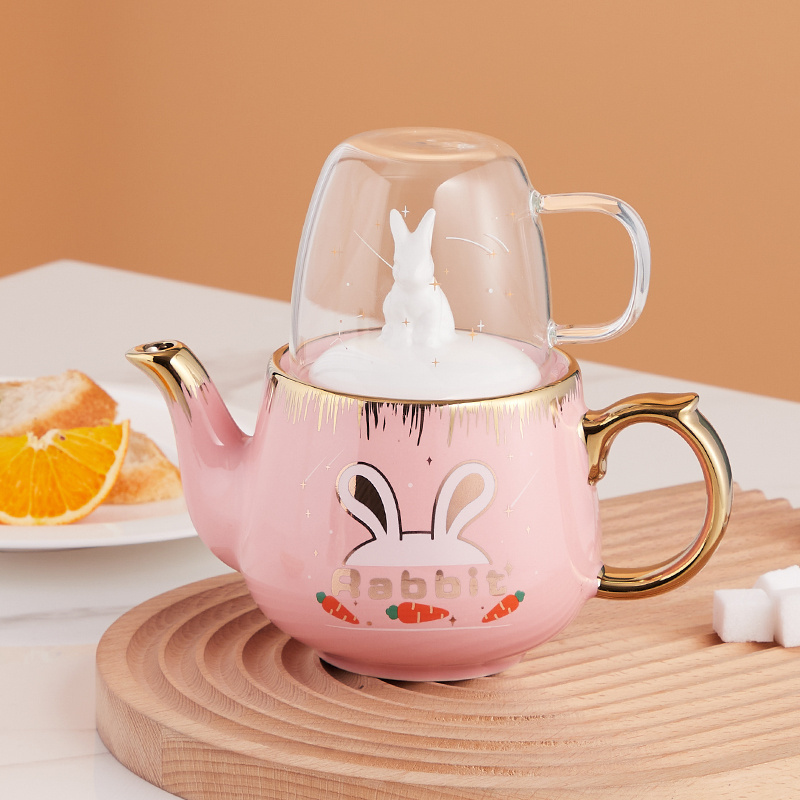 2024 Christmas gift cute rabbit ceramic tea pot with glass cup porcelain teapot