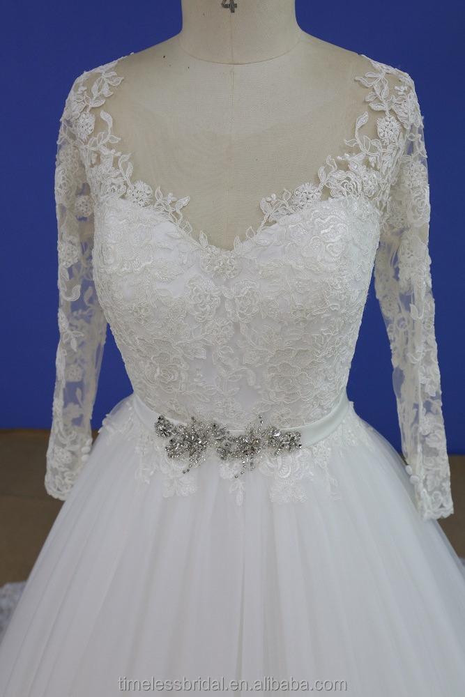 3/4 sleeves lace beaded light blue and white wedding dress A line