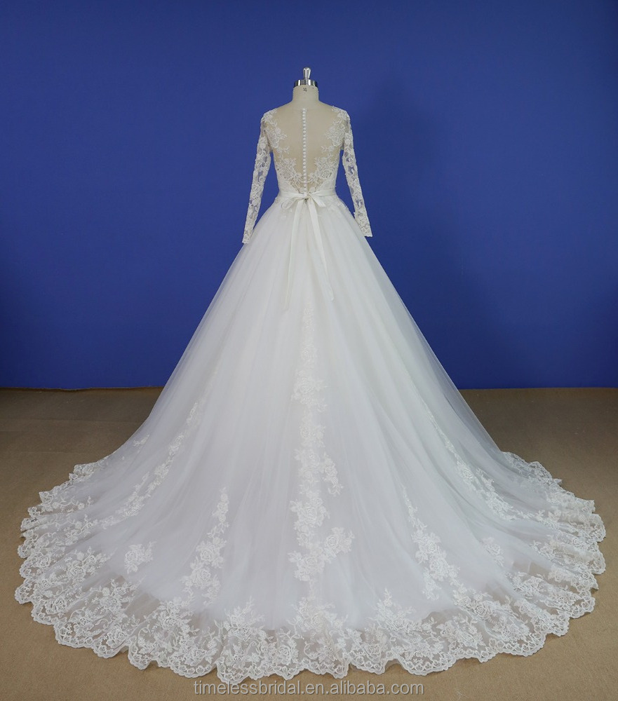 3/4 sleeves lace beaded light blue and white wedding dress A line