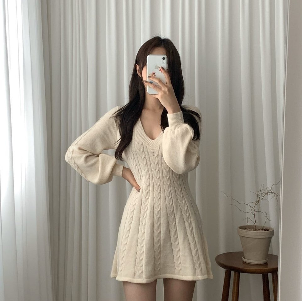 Elegant Lantern Sleeve A-Line Knitted Dresses For Women Temperament V Neck Twist Pattern Sweater Dress Winter Robe Ladies Daily