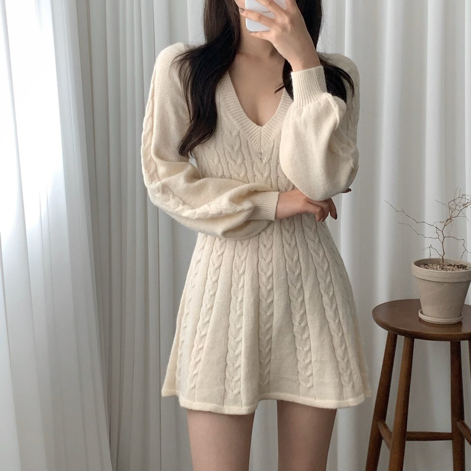 Elegant Lantern Sleeve A-Line Knitted Dresses For Women Temperament V Neck Twist Pattern Sweater Dress Winter Robe Ladies Daily