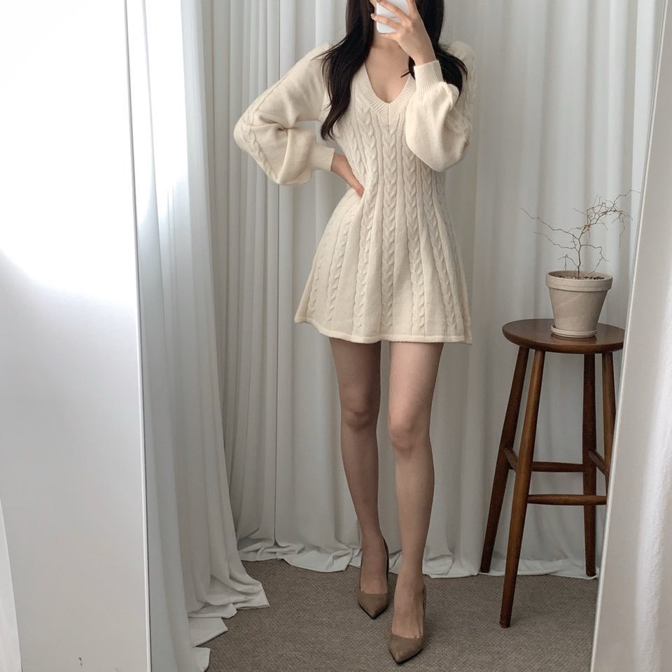 Elegant Lantern Sleeve A-Line Knitted Dresses For Women Temperament V Neck Twist Pattern Sweater Dress Winter Robe Ladies Daily