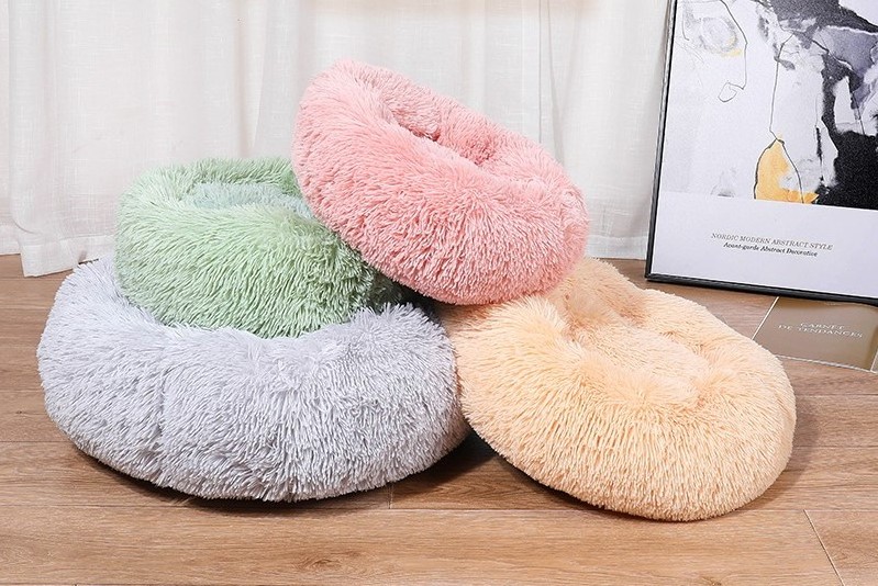 Calming Fluffy Donut Round Dog Bed Soft Premium Plush Small Pet Bed Self Warming Anti Anxiety Cat Bed Non-Slip Bot