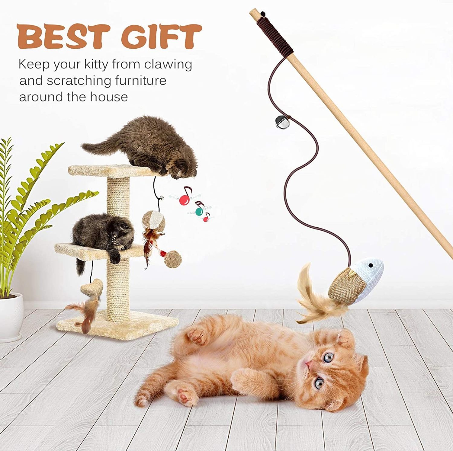 Pet Toys for Indoor Cats 16 Inch Natural Wood Cat Teaser Wand Toy with Teaser Refills for Cat Kitten Having Fun Exerciser