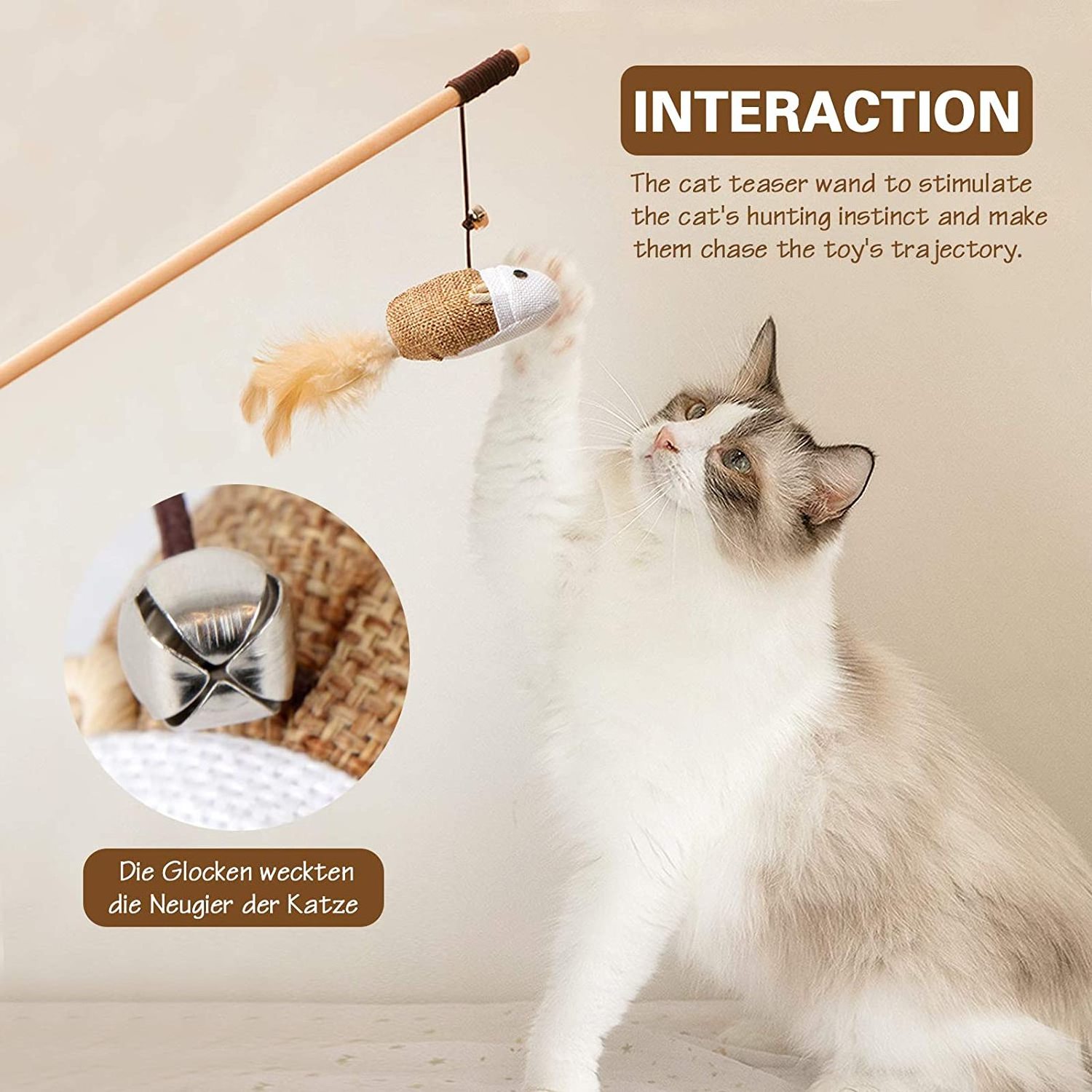 Pet Toys for Indoor Cats 16 Inch Natural Wood Cat Teaser Wand Toy with Teaser Refills for Cat Kitten Having Fun Exerciser