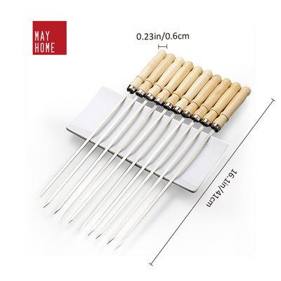 Wooden Handle Stainless Steel BBQ Skewers Sticks Tools BBQ Accessories Metal Grilling Skewers