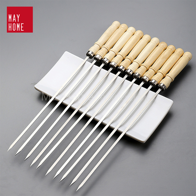 Wooden Handle Stainless Steel BBQ Skewers Sticks Tools BBQ Accessories Metal Grilling Skewers