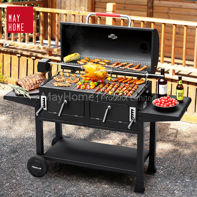 Stainless Steel Grid Outdoor Large Multi-function Trolley Smoker Charcoal BBQ Grill with Optional Rotisserie barbecue charcoal