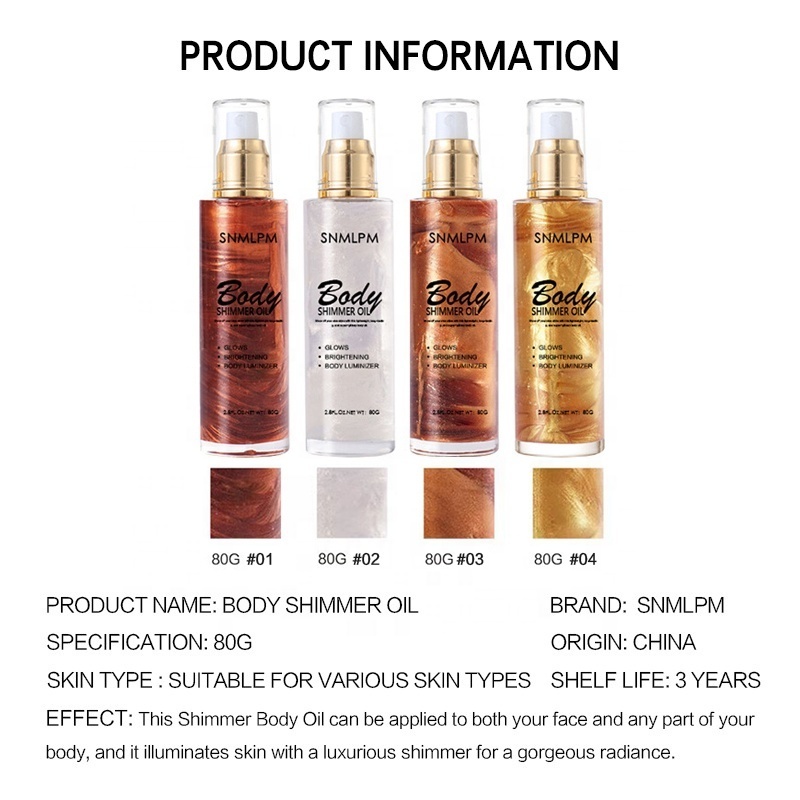 SNMLPM Wholesale Shimmer Body Oil Face Brighten Glow Pearl Highlighter Illuminator Body Makeup Shine Glitter Gold Liquid Taning