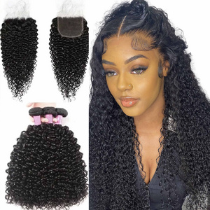 Maynice 5*5 HD Transparent Lace Closure With Curly Human Hair 3 Bundles HD Lace 20 Inch Kinky Curly Brazilian Hair Free Shipping