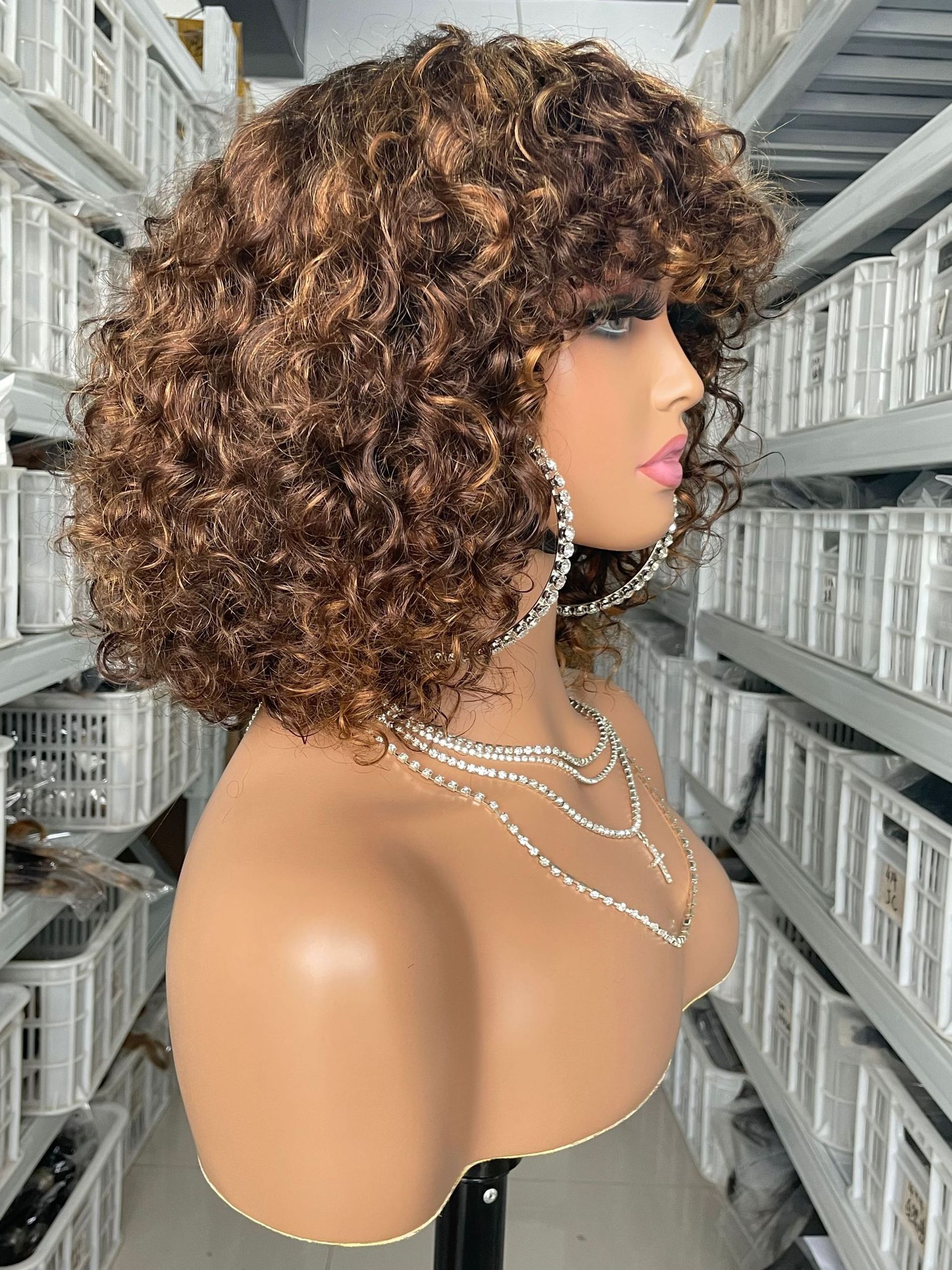 Piano Color Short Curly Bob Human Hair Wigs with Bangs For Women Brazilian Remy  Base Top Full Machine Made Wig With Bangs