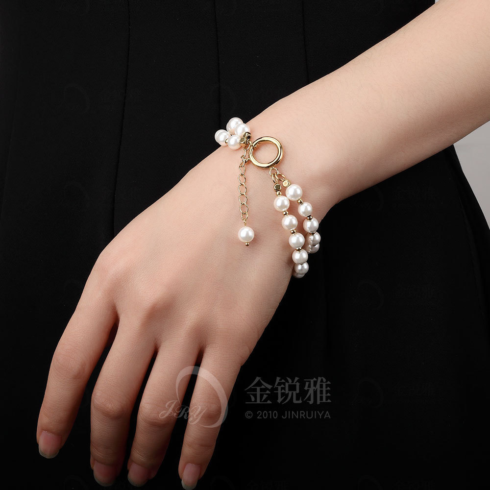 18K pvd gold plated fashion jewelry natural & shell simulated pearl stainless steel cuff doub lelayer bracelet for women & girl