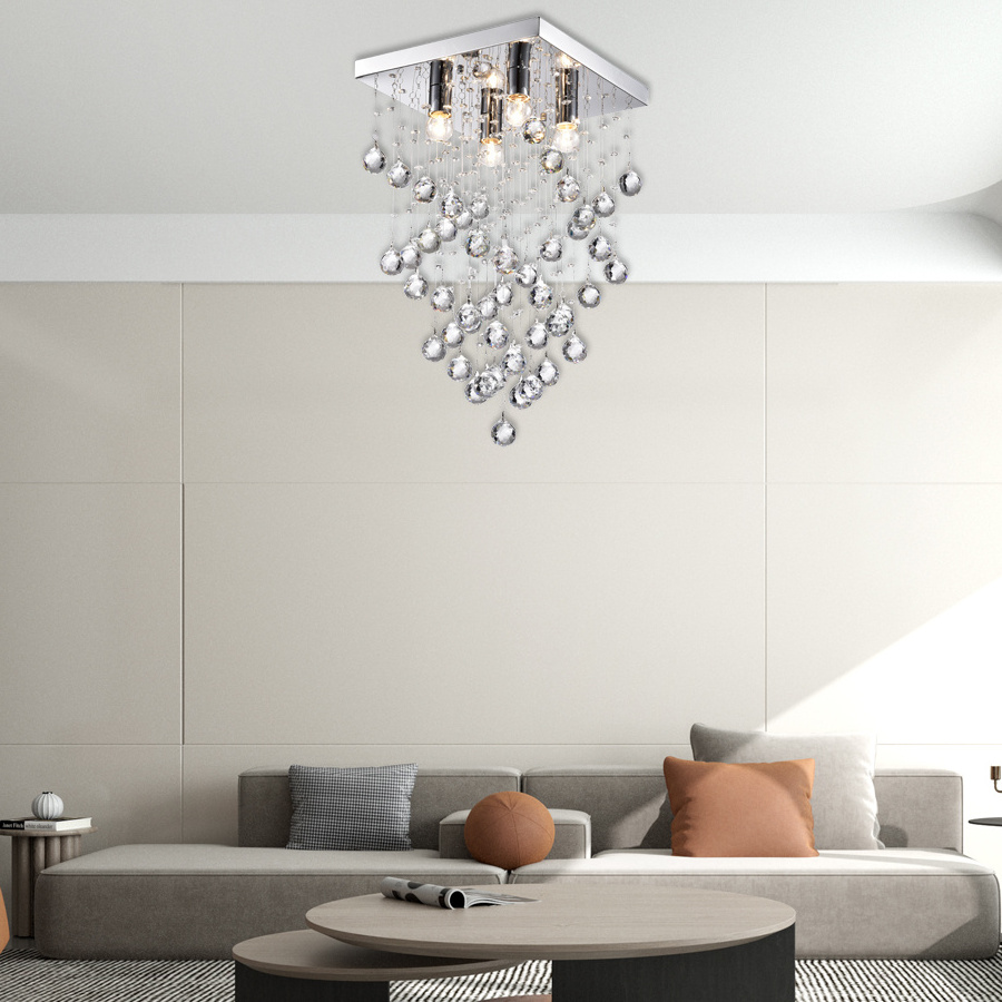 Modern Crystal Square Raindrop Lighting Flush Mount LED Ceiling Light Fixture Pendant Lamp for Dining Room Bathroom Chandelier