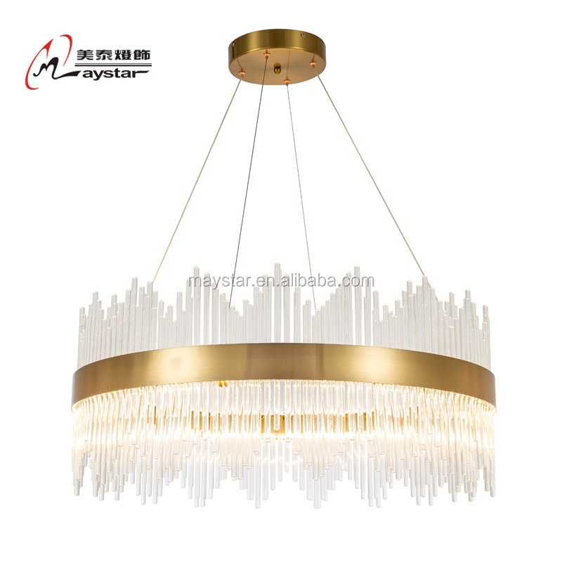 Modern Luxury Aluminum Transparent Glass Rod Gold LED Crystal Hanging Lamp Indoor Lighting Pendant Light Chandelier