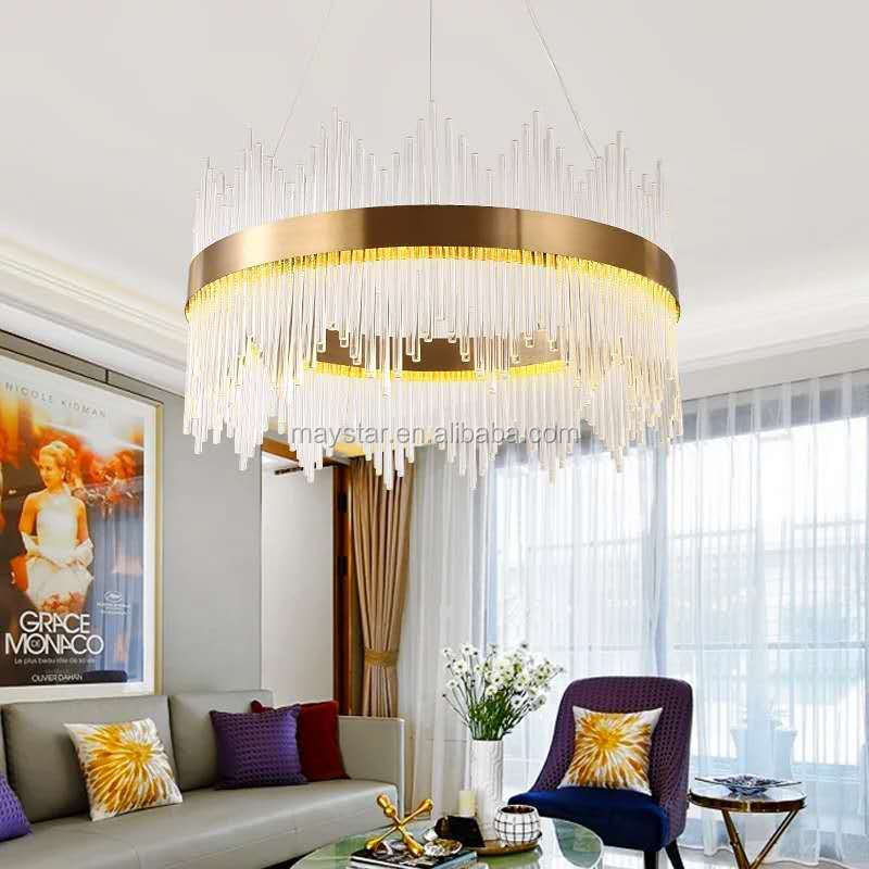 Modern Luxury Aluminum Transparent Glass Rod Gold LED Crystal Hanging Lamp Indoor Lighting Pendant Light Chandelier