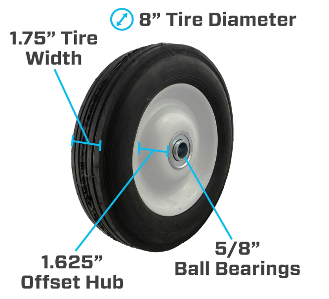 Solid Rubber Hand Truck Wheel, 8 x 1.75 Inch Universal Replacement Tires Wheels for 1/2 Inch Axle