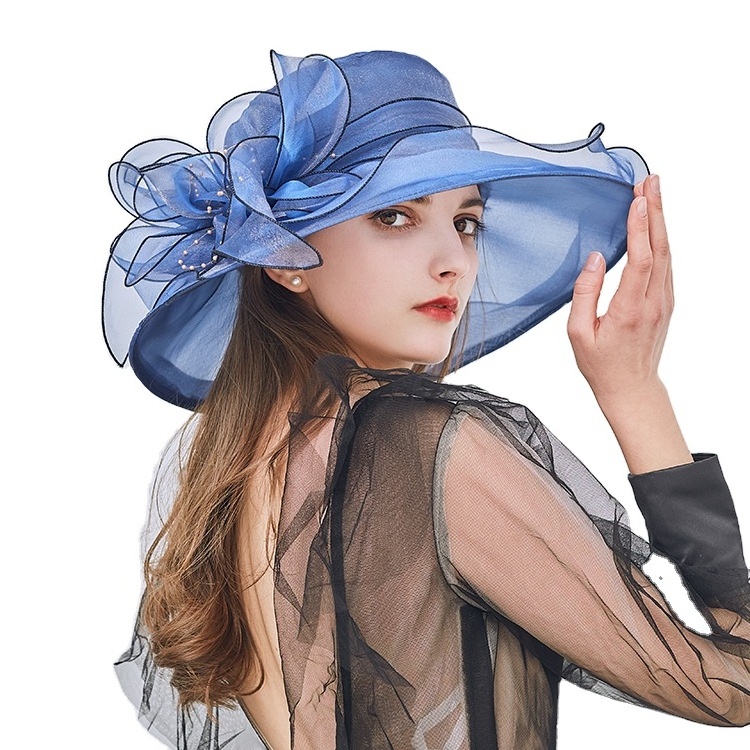 Wholesale fashion Lady Wide Brim Leaf Flower Derby Dress Church Cloche Hat Bow Bucket Bowler Women's Sun Hats