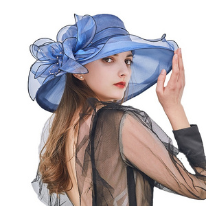 Wholesale fashion Lady Wide Brim Leaf Flower Derby Dress Church Cloche Hat Bow Bucket Bowler Women's Sun Hats