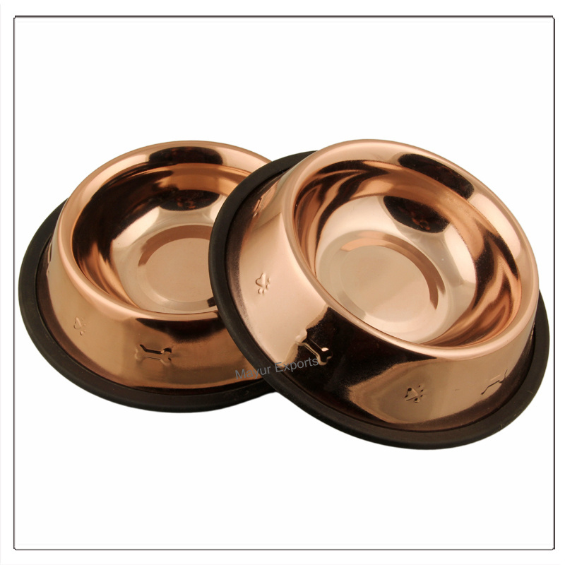 Stainless Steel Pet Bowl Dog Bowl with Copper Plating Metal Dog Bowl with Paw and Bone Embossing