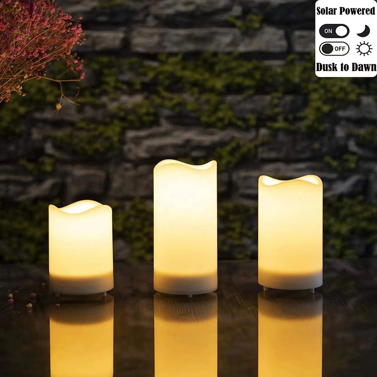 automatic recharge operate outdoor waterproof IP44 solar panel LED candle light for festival Halloween weeding home decoration