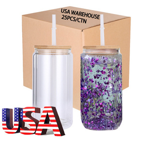 Wholesale heat resistant insulated double wall glass can pre drilled 12 16 20oz snow globe sublimation double wall glass tumbler