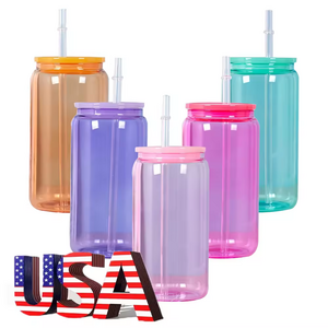 Beer glass can glass jar Unbreakable Drinking Glasses 16oz colored clear glass with pp lids 16oz colored jelly clear