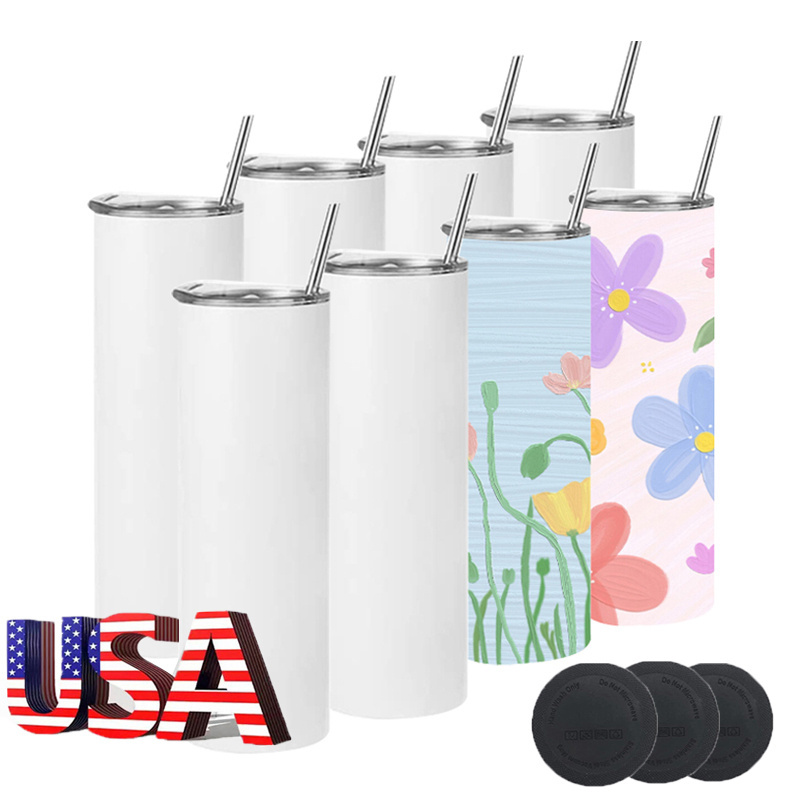 USA Warehouse Stocked 20oz 30oz Sublimation Blanks Tumbler Heat Press Straight Skinny Sublimation Tumbler with lid and Straw